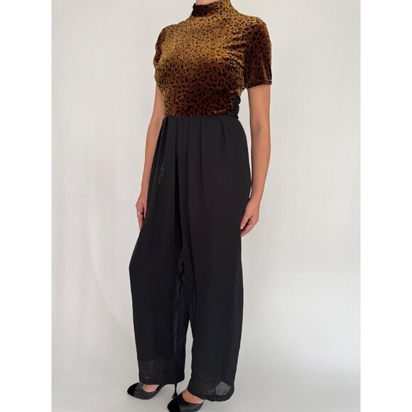 90s vintage animal leopard print funky fuzzy velvet sheer pant jumpsuit pantsuit - Picture 3 of 10